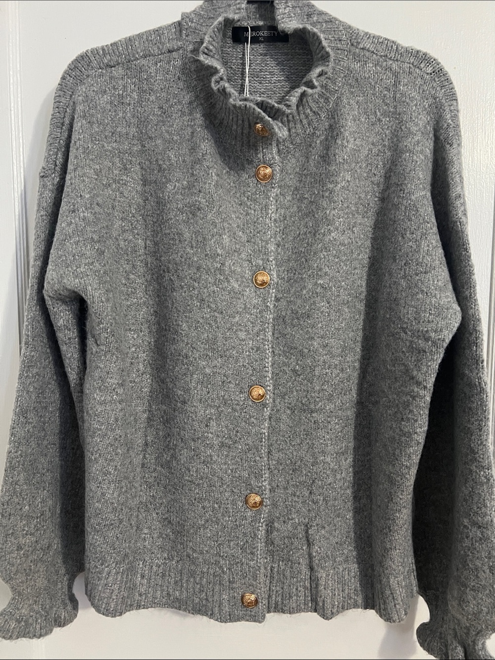 Merokeety Heather Gray Ruffle Mock-Neck Cardigan with Gold Buttons